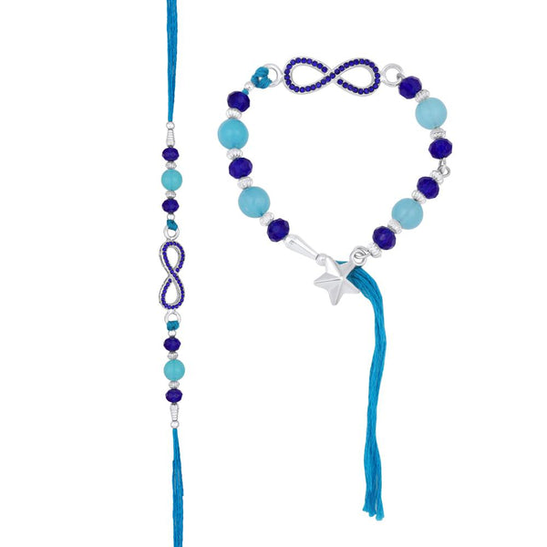 Mahi Rhodium Plated Infinity Shape Blue Crystals Lumba and Brother Rakhi Set for Bhaiya and Bhabhi (RCOL1105686RBlu)