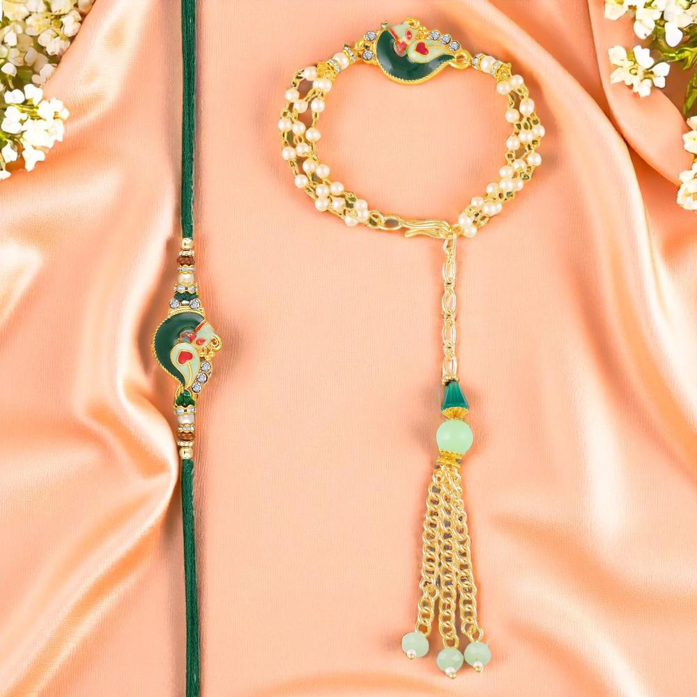 Mahi Meenakari Work Peacock-Shaped Bhaiya Bhabhi Rakhi with Artificial Pearl Chain Lumba & Green Thread Rakhi (RCOL1105850G)