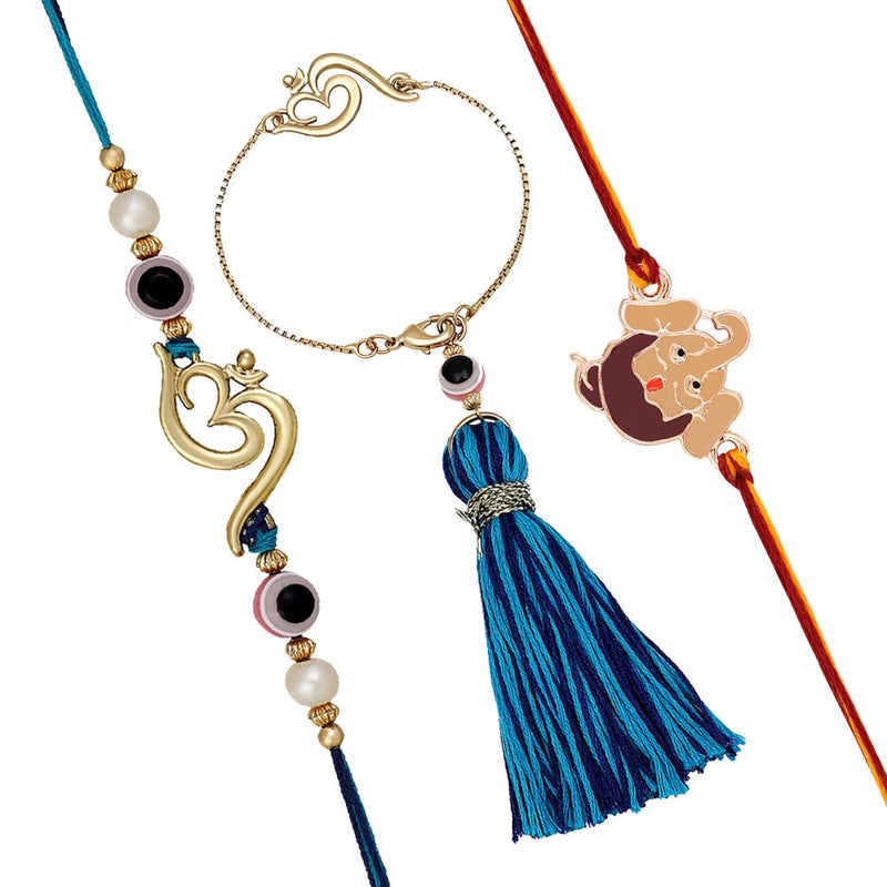 Mahi Combo of OM, Ganesha and Evil Eye Bhaiya Bhabhi Rakhi with Tassel (RCOLB1105732M)