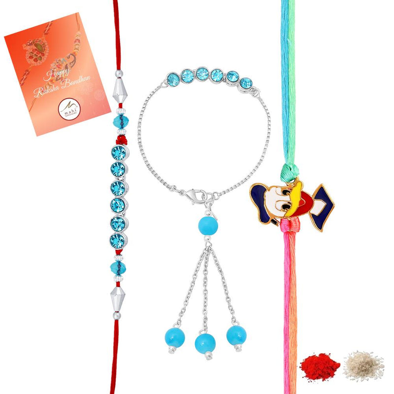 Mahi Combo of Blue Crystal Studded Couple Rakhi and Meenakari Cartoon Rakhi for Bhaiya Bhabhi and Bhatija (RCOLB1105733R)