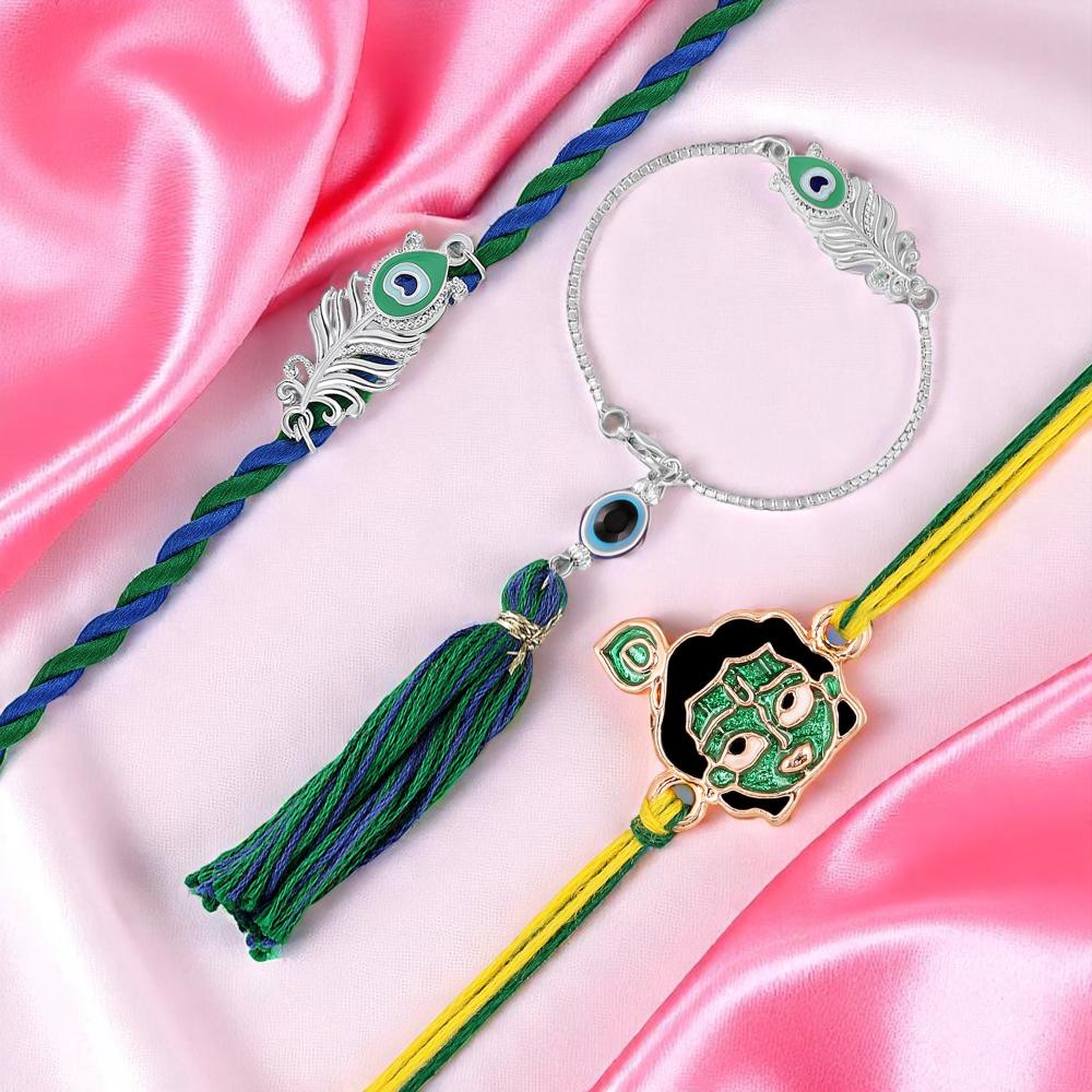 Mahi Family Rakhi Set Combo of Peacock-Feather-Shaped and Bal Krishna for Bhaiya Bhabhi and Bhatija with Meena Work Enamel (RCOLB1105856M)