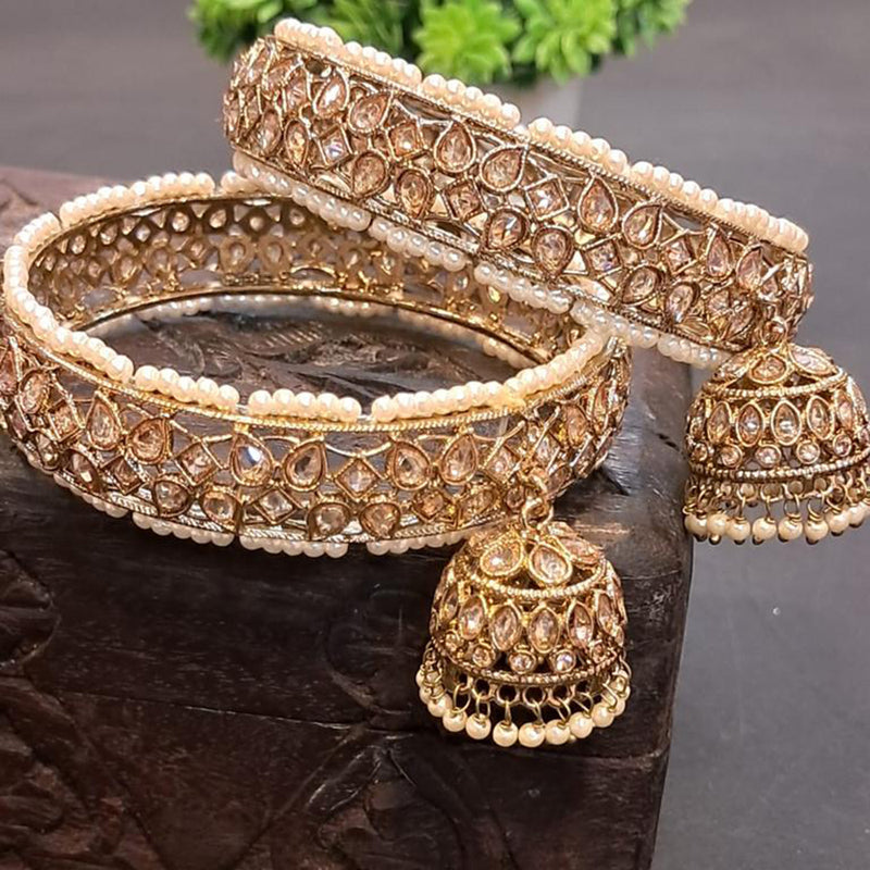 Raddhi Jewels Premium Gold-Plated Kundan Pearl Set of 2 Brass Bangles with Hanging Jhumki