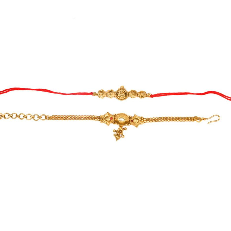 Raddhi Jewels Rajwadi Gold Plated Brass Ruby Stone Glided Floral Design Bhaiya Bhabhi Rakhi Set With Roli Chawal Plate Combo Hamper For Rakshabandhan