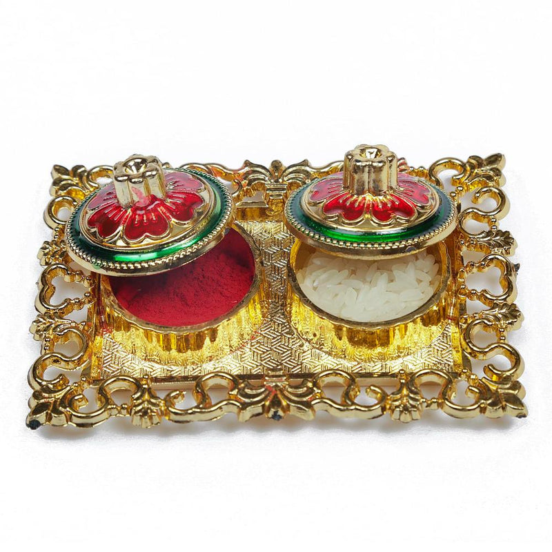 Raddhi Jewels Rajwadi Gold Plated Brass Set of 2 Rakhi With Roli Chawal Plate Combo Rakshabandhan Hamper For Brother/Bhai/Bro