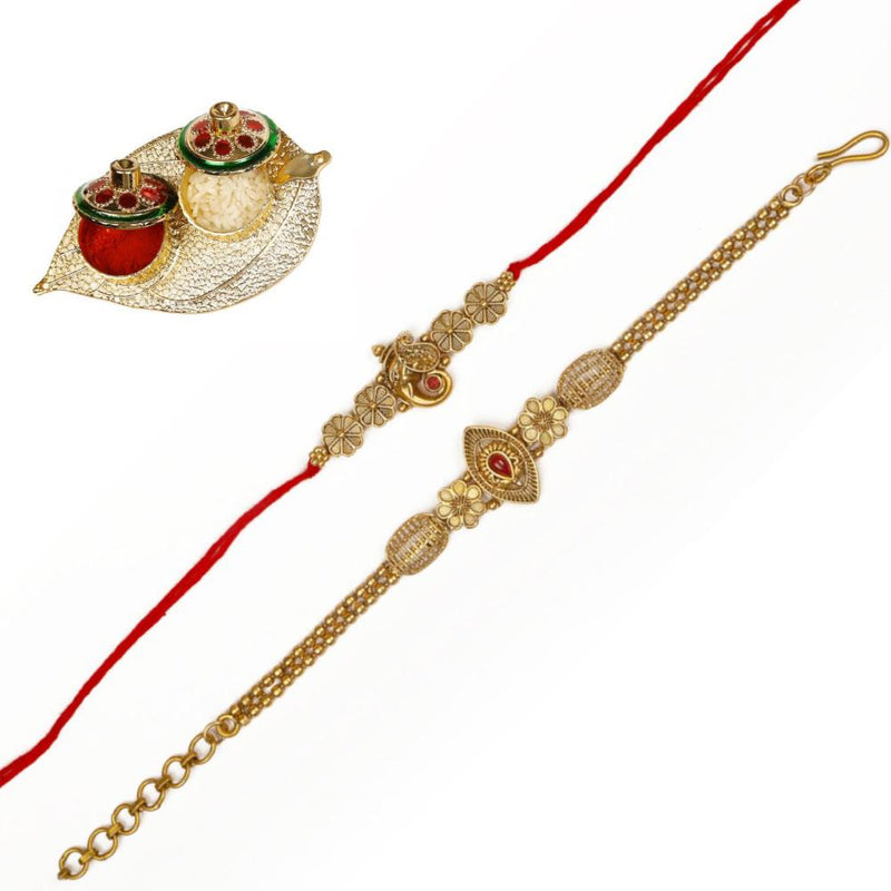 Raddhi Jewels Rajwadi Gold Plated Brass Ruby Stone Glided Floral Design Bhaiya Bhabhi Rakhi Set With Roli Chawal Plate Combo Hamper For Rakshabandhan