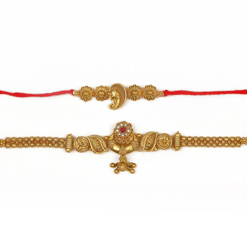 Raddhi Jewels Rajwadi Gold Plated Brass Ruby Stone Glided Floral Design Bhaiya Bhabhi Rakhi Set With Roli Chawal Plate Combo Hamper For Rakshabandhan