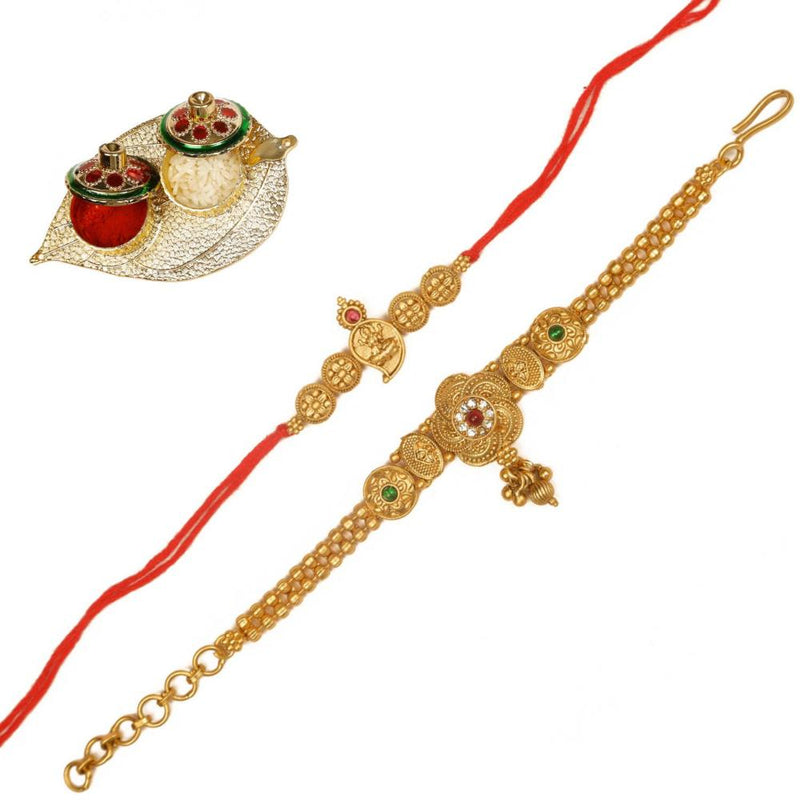 Raddhi Jewels Rajwadi Gold Plated Brass Ruby Stone Glided Floral Design Bhaiya Bhabhi Rakhi Set With Roli Chawal Plate Combo Hamper For Rakshabandhan