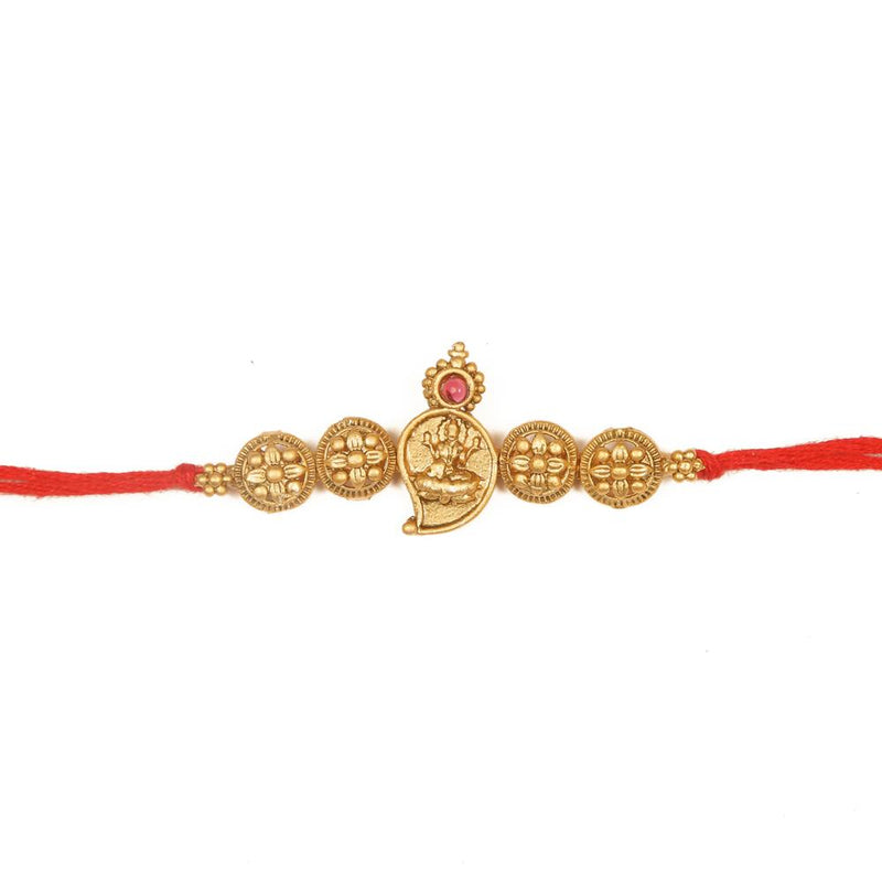 Raddhi Jewels Rajwadi Gold Plated Brass Ruby Stone Glided Floral Design Bhaiya Bhabhi Rakhi Set With Roli Chawal Plate Combo Hamper For Rakshabandhan