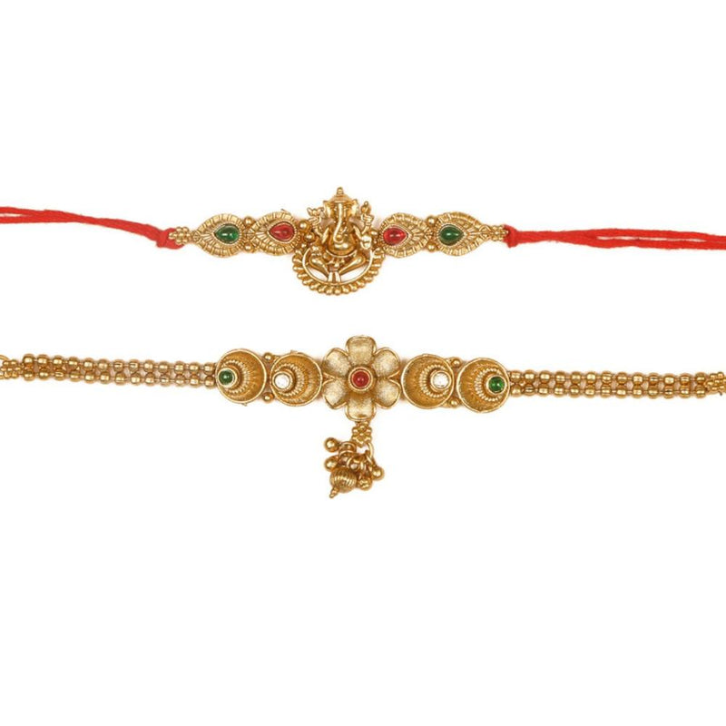 Raddhi Jewels Rajwadi Gold Plated Brass Ruby Stone Glided Floral Design Bhaiya Bhabhi Rakhi Set With Roli Chawal Plate Combo Hamper For Rakshabandhan