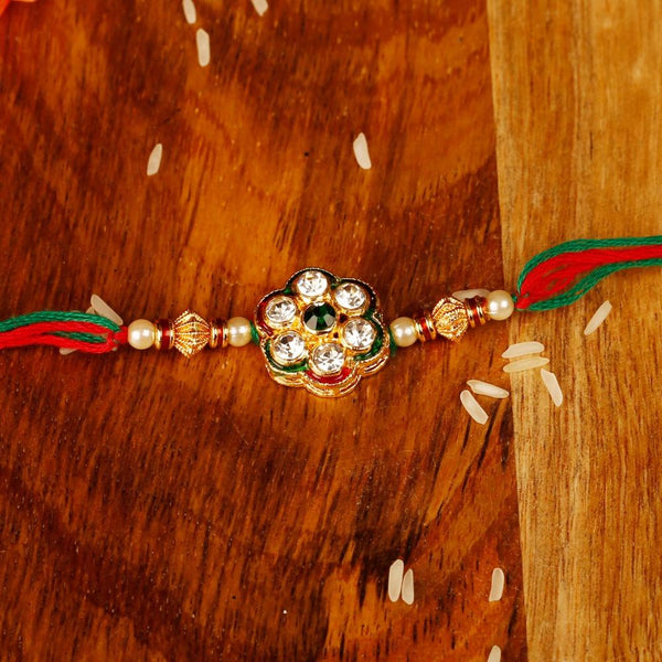 Raddhi Jewels Floral Design Stone Studded Pearl Rakhi For Borther/Bhai/Bro