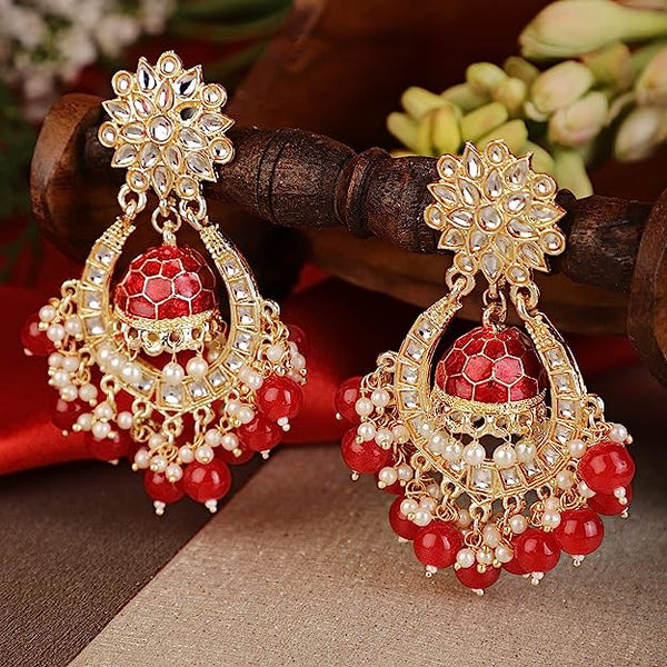 Subhag Alankar Red Attractive Brass pearl bead stone jhumki earrings for women and girls
