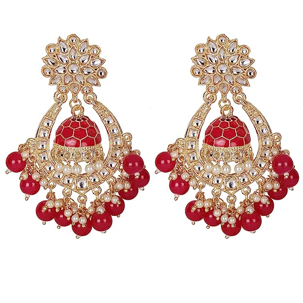 Subhag Alankar Red Attractive Brass pearl bead stone jhumki earrings for women and girls