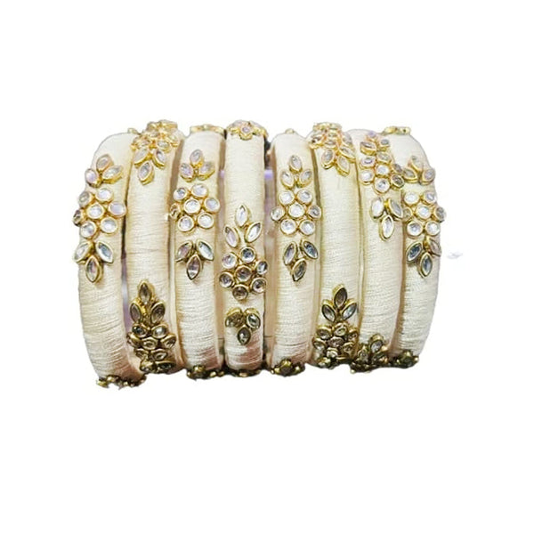 Darshana Jewels Kundan Work Silk Thread Bangle Kada For Women Girls 8 PC Set Wedding & Festive Occasion Handmade (Cream)