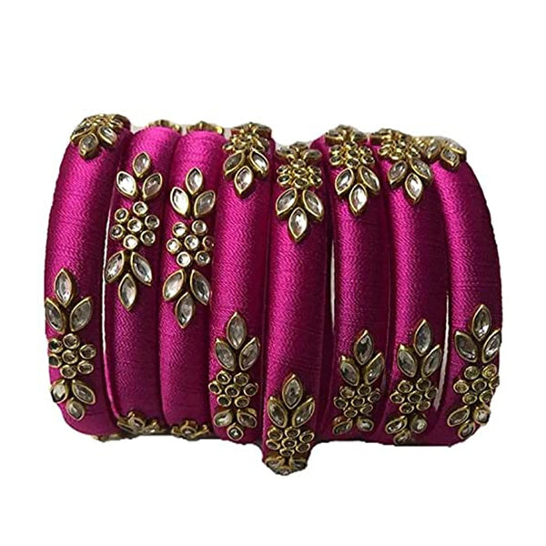 Sihan Creation Kundan Work Silk Thread Bangle Kada For Women Girls 8 PC Set Wedding & Festive Occasion Handmade (Dark Pink)
