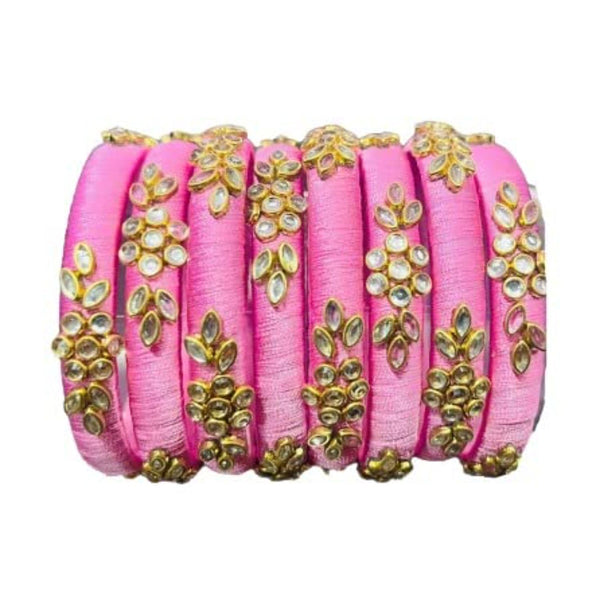 Sihan Creation Kundan Work Silk Thread Bangle Kada For Women Girls 8 PC Set Wedding & Festive Occasion Handmade (Light Pink)