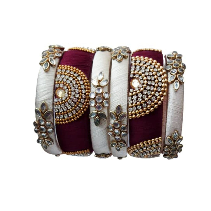 Darshana Jewels Kundan Work Silk Thread Bangle Kada For Women Girls 6 PC Set Wedding & Festive Occasion Handmade (Maroon-Cream)