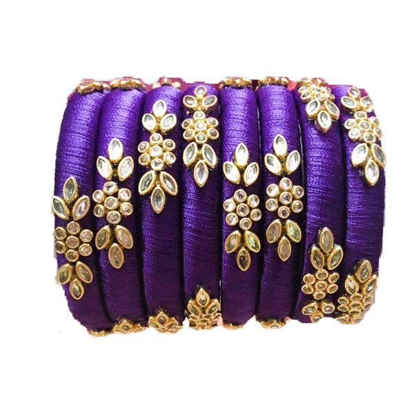 Sihan Creation Kundan Work Silk Thread Bangle Kada For Women Girls 8 PC Set Wedding & Festive Occasion Handmade (Purple)