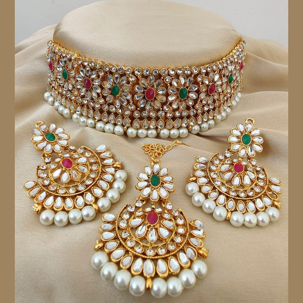 Bhavi Jewels Gold Plated Kundan And Pearls Choker Necklace Set