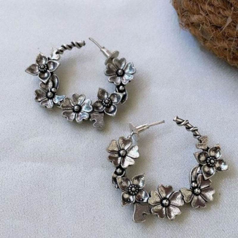 Bevy Pearls Oxidised Plated Floral Hoop Earrings