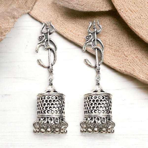 Bevy Pearls Oxidised Plated Om Designs Jhumki Earrings