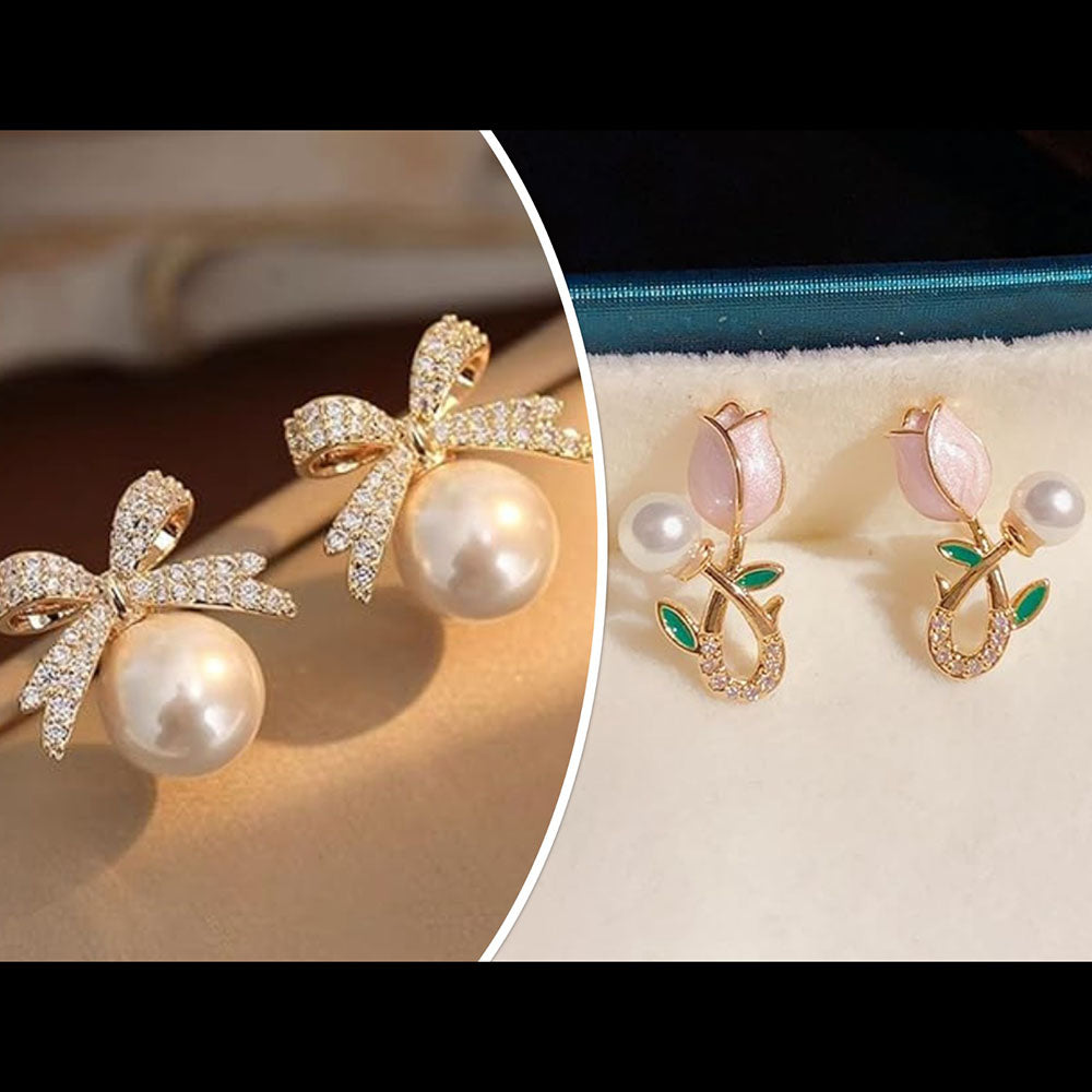 Bevy Pearls Austrian Stone Assorted Design Studs Earrings  (Pack of 3)