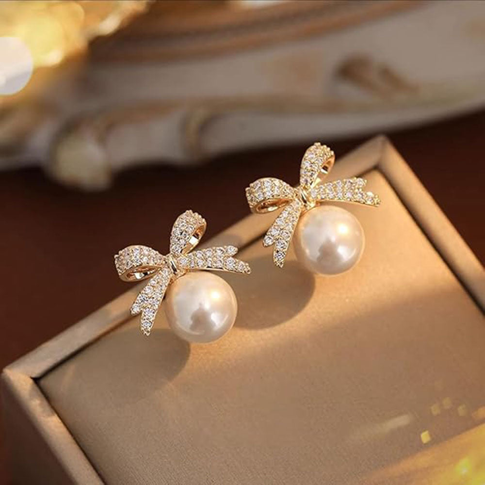 Bevy Pearls Austrian Stone Cute Bow Studs Earrings  (Pack of 3)