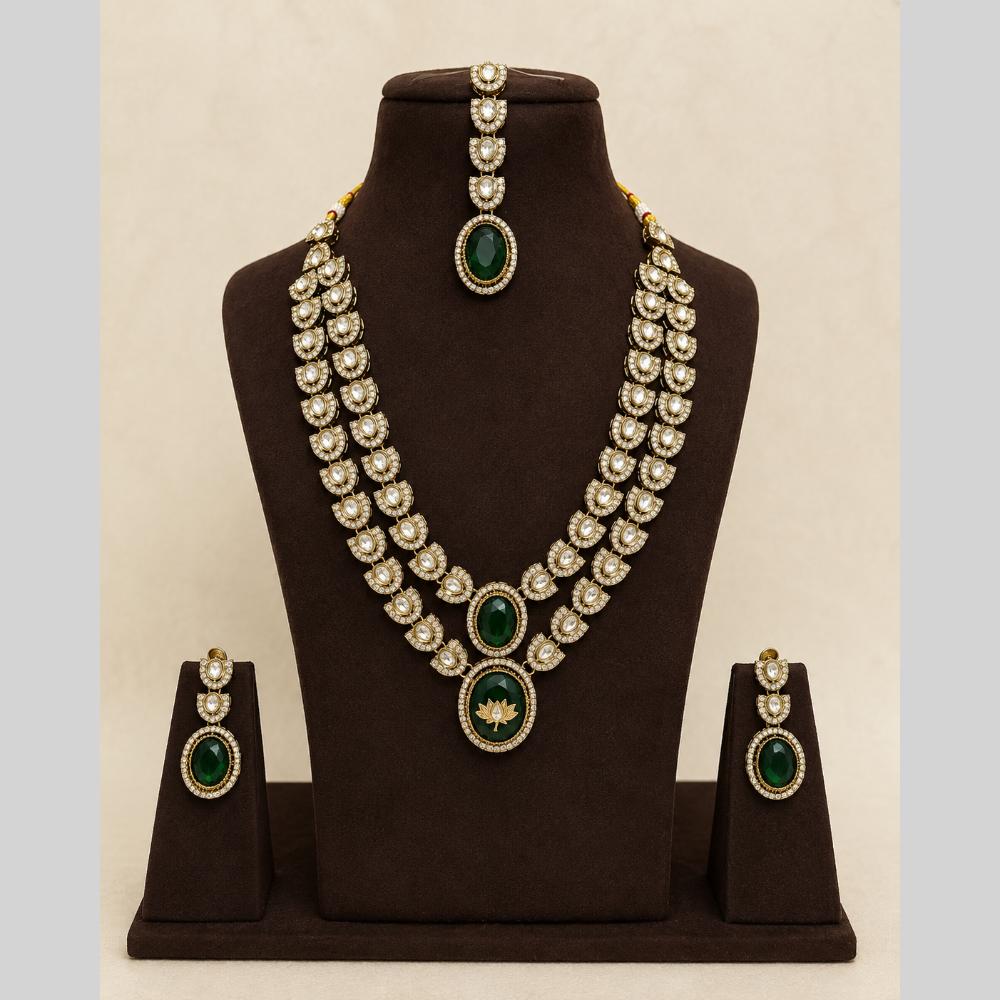 Lalso Double Layer Kundan Bridal Necklace earring maangtikka Jewellery Set with  Green Stones for wedding festival - SM-NK501-GR