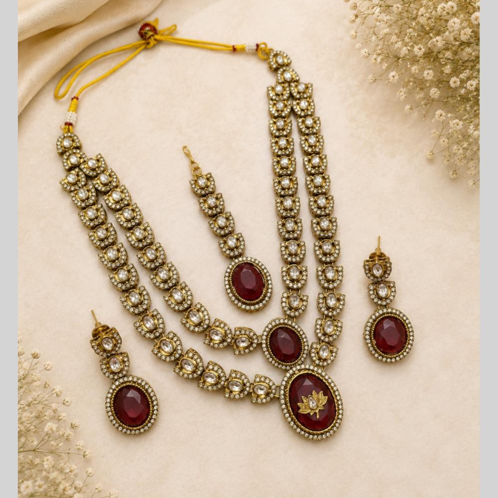 Lalso Double layer Kundan Bridal Necklace earring maangtikka Jewellery Set with  Maroon Stones for wedding festival - SM-NK501-MR