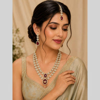 Lalso Double layer Kundan Bridal Necklace earring maangtikka Jewellery Set with  Maroon Stones for wedding festival - SM-NK501-MR