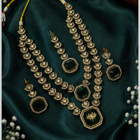 Lalso Double Layer Kundan Bridal Necklace earring maangtikka Jewellery Set with  Green Stones for wedding festival - SM-NK502-GR