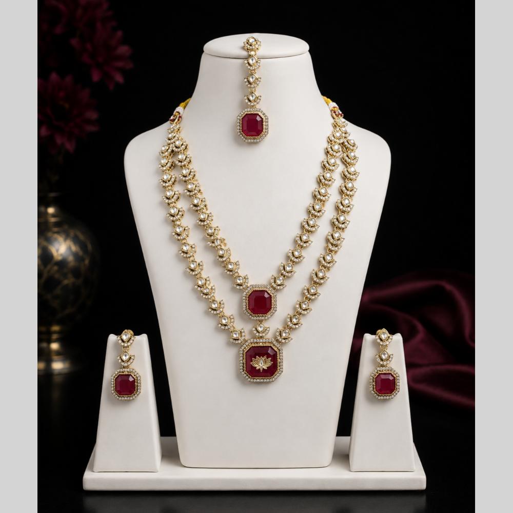 Lalso Double Layer Kundan Bridal Necklace earring maangtikka Jewellery Set with  Maroon Stones for wedding festival - SM-NK502-MR