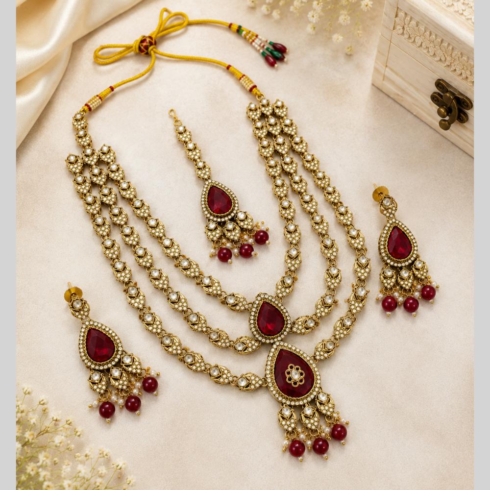 Lalso Tripple Layer Kundan Bridal Necklace earring maangtikka Jewellery Set with  Maroon Stones for wedding festival - SM-NK503-MR