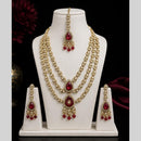 Lalso Tripple Layer Kundan Bridal Necklace earring maangtikka Jewellery Set with  Maroon Stones for wedding festival - SM-NK503-MR