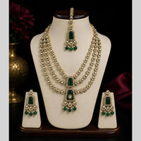 Lalso Tripple Layer Kundan Bridal Necklace earring maangtikka Jewellery Set with  Green Stones for wedding festival - SM-NK504-GR