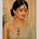 Lalso Tripple Layer Kundan Bridal Necklace earring maangtikka Jewellery Set with  Green Stones for wedding festival - SM-NK504-GR