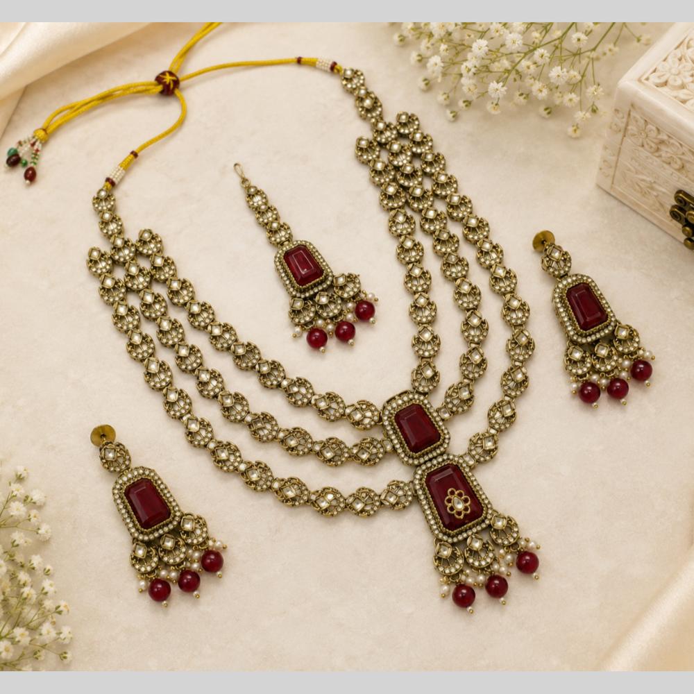 Lalso Tripple Layer Kundan Bridal Necklace earring maangtikka Jewellery Set with  Maroon Stones for wedding festival - SM-NK504-MR