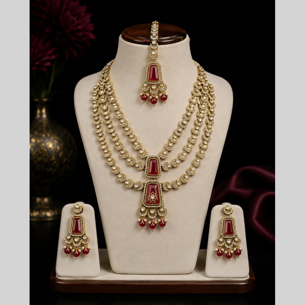 Lalso Tripple Layer Kundan Bridal Necklace earring maangtikka Jewellery Set with  Maroon Stones for wedding festival - SM-NK504-MR