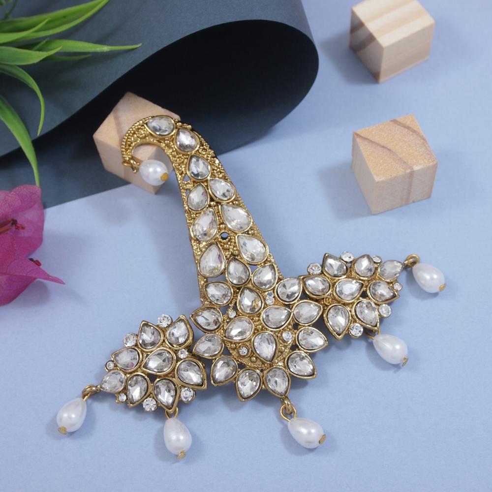 Etnico Gold Plated Stone Pearl Drop Safa Kalangi Brooch for Groom/Men/Dulha Pagadi (SM51W)