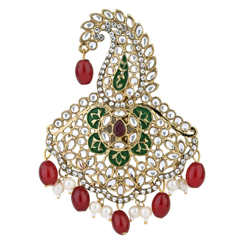 Etnico Gold Plated Traditional Stone Pearl Drop Safa Kalangi Brooch for Groom/Men/Dulha Pagadi (SM71MG)