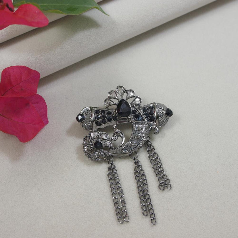 Etnico Silver Oxidised Traditional Stone Drop Safa Kalangi Brooch for Groom/Men/Dulha Pagadi (SM76OXB)