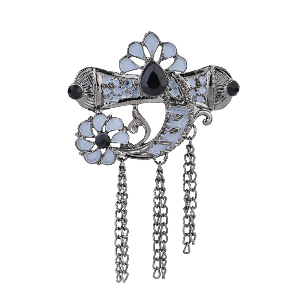 Etnico Silver Oxidised Traditional Stone Drop Safa Kalangi Brooch for Groom/Men/Dulha Pagadi (SM76OXGr)