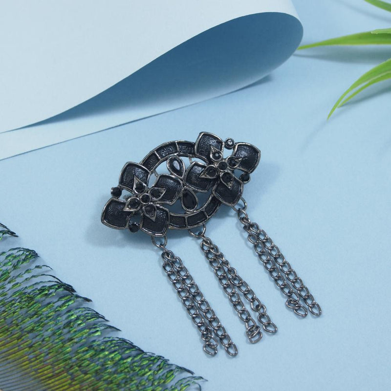 Etnico Silver Oxidised Traditional Stone Drop Safa Kalangi Brooch for Groom/Men/Dulha Pagadi (SM77OXB)