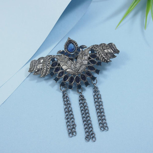 Etnico Silver Oxidised Traditional Stone Drop Safa Kalangi Brooch for Groom/Men/Dulha Pagadi (SM82OXBL)