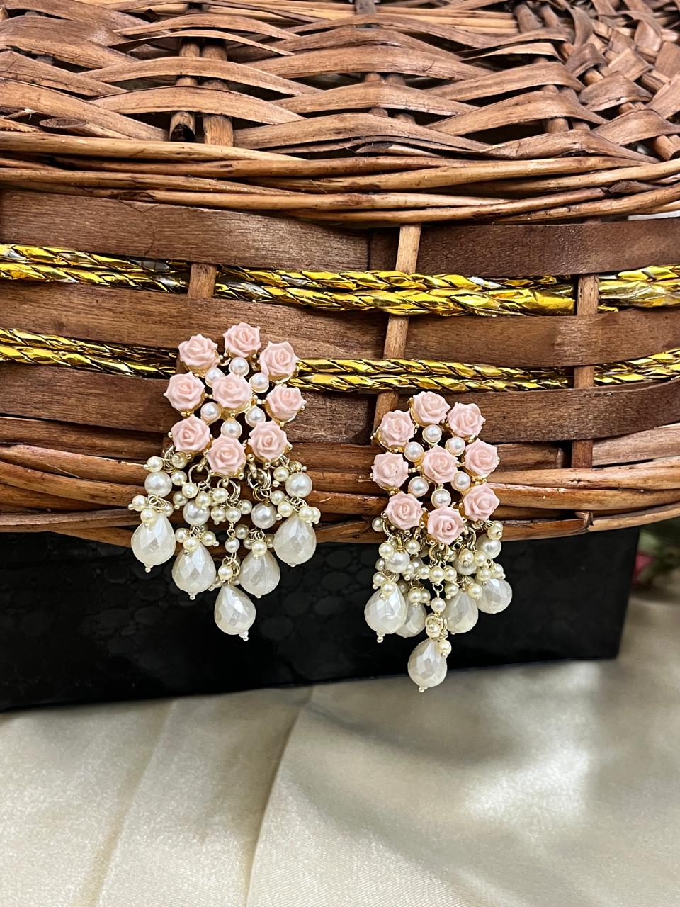 ShringarStreet Silver Plated Flower Beads And Pearl Dangler Earrings