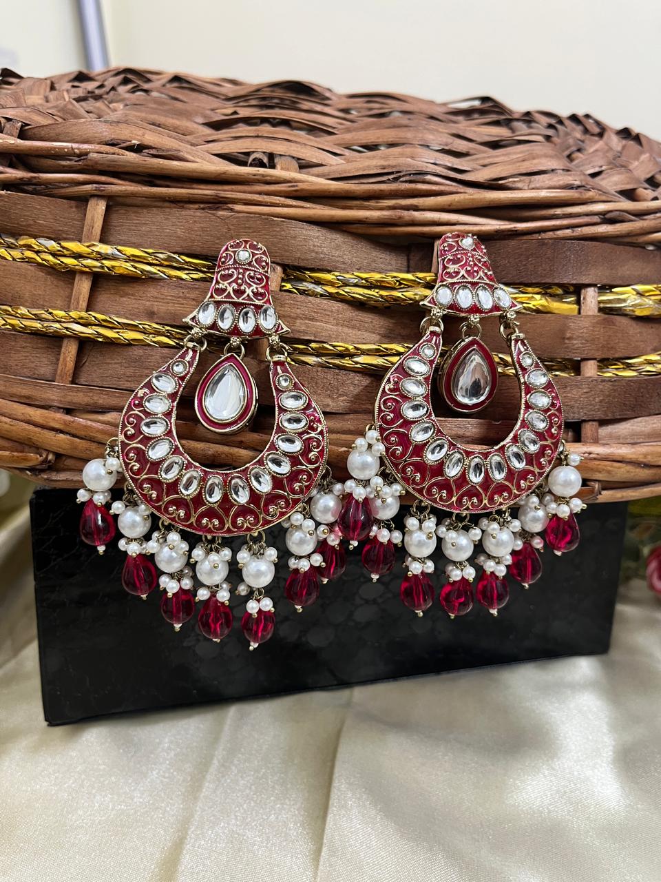 ShringarStreet Gold Plated Kundan Stone Pearl And Beads Meenakari Dangler Earrings
