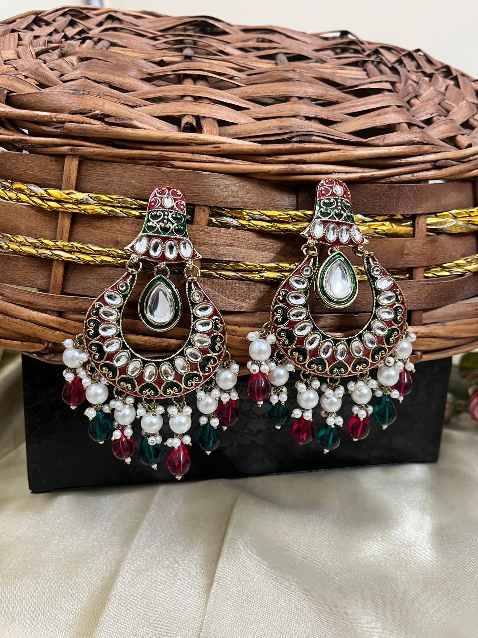 ShringarStreet Gold Plated Kundan Stone Pearl And Beads Meenakari Dangler Earrings