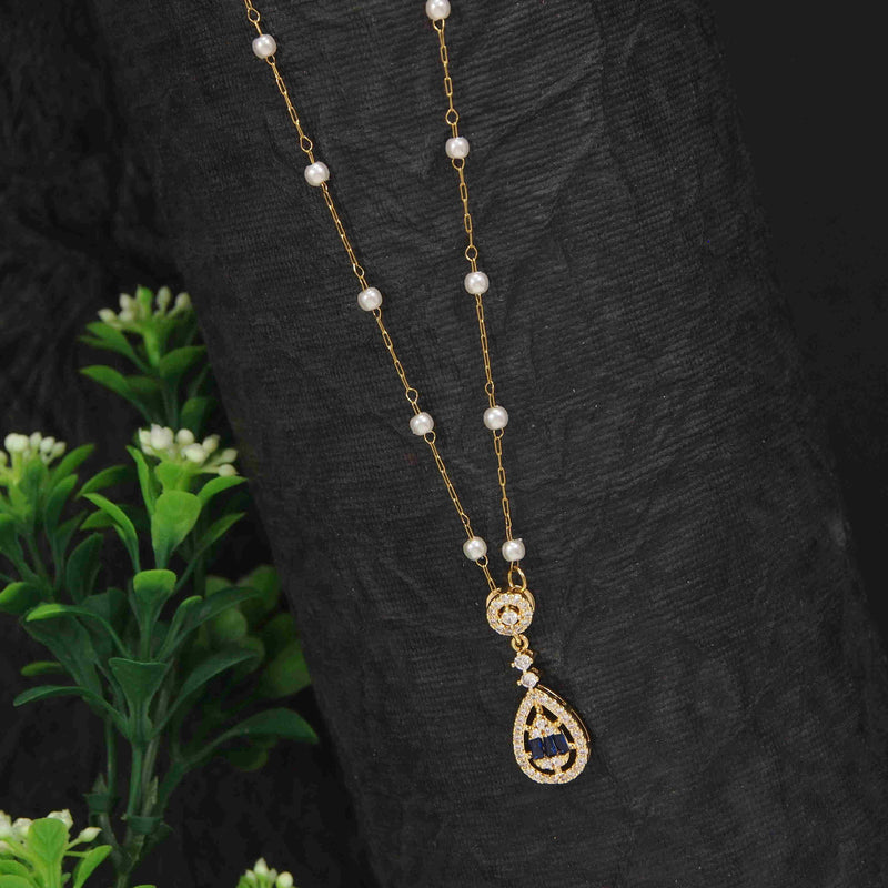 Tarohi Jewels Stainless Steel Tear Drop Blue Baguette Pendent Pearl Chain Necklace - STNK 4964