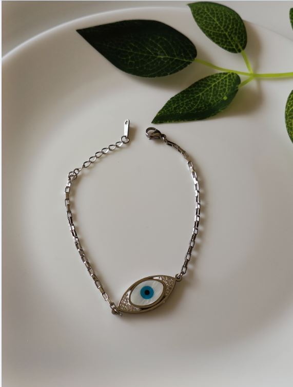 Tarohi Jewels Silver Plated Stainless Steel Evil Eye CZ Chain Bracelet