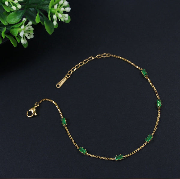 Tarohi Jewels Stainless Steel Gold/Rosegold Plated Green Baguette Stone Charm Bracelet