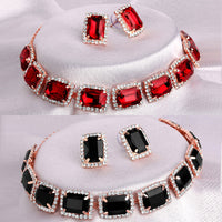 Shrishti Fashion Fabulous Squire Red And Black Rose Gold Plated Set Of 2 Collar Necklace Set Combo For Women